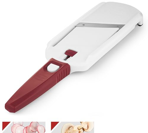 Börner Multi Slicer Coupe-légumes • Trancheur de Légumes pour Tranches en 2 Épaisseurs • Mandoline pour Fruits & Légumes • Mini Mandoline de Cuisine • Blanc avec Poignée Rouge