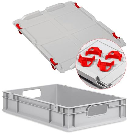 Eurobox NextGen Economy 60x40x12cm Griffe offen mit Auflagedeckel grau, Kunststoffbox 23 Liter, Transportbox Lagerbox Campingbox stapelbar, Farbe Deckel-Verschlüsse wählbar (Verschluss Rot)