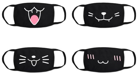 Mis.Moon 4 Pack Mundmaske, Schwarze Masken mit Cartoon Mustern Mundschutz, Staubdichte Mode Mit Niedlicher Muster-Baumwollmaske