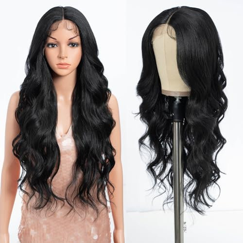 Style Icon Perücke Long Wavy Synthetische Lace Front Wig for Damen 71 cm Lange Body Wave Perücke Pre Pluck mit Babyhaar Mittelscheitel Spitze 150% Dichte (1B)