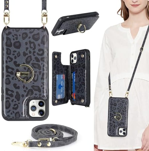 ELTEKER for iPhone 12 Pro Max Phone Case with Card Holder and Strap,PU Leather Wallet Case Flip Cover with Crossbody Lanyard for iPhone 12 Pro Max (6.7 Inch) - Black Leopord