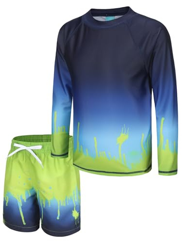 Big Boys Rash Guard Set for Boys 2 Piece Long Sleeve Swimsuits Set Swim Shirts with Trunks Quick Dry Bathing Suits Swim Set Dark Navy Gradient Size 10/8-10 Years