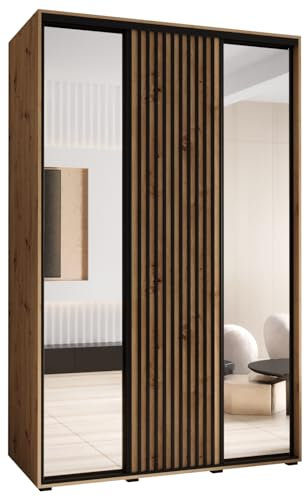 MEBLE KRYSPOL Sapporo 2 Moderner Schrank mit DREI Schiebetüren mit Spiegel, Stange, Regalen - Aufbewahrungsschrank für Schlafzimmer, Wohnzimmer - 205,2x150x60 cm - Artisan Artisan Schwarz