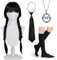 Wednesday Perücke Damen Kinder 4 Stück, Wednesday Kostüm Accessoires, Wednesday Addams Perücke, Schwarze Geflochtene Perücken mit Halskette Krawatte, Cosplay Perücke Wednesday für Karneval Fasching