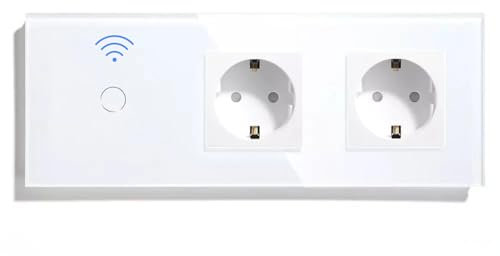 PULSAR Normale Steckdosen mit WiFi Smart Touch Lichtschalter Glas, Schalter Kompatibel mit Alexa, Google Home und 2 Schuko Steckdosen 16 Amp 3 Fach Weiß, Wlan Lichtschalter mit Steckdose x2 Unterputz