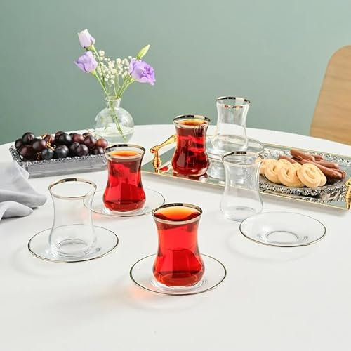 KARACA Sydney Lot de 12 verres à thé turcs pour 6 personnes, 155 ml avec bord doré élégant