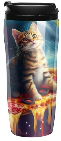 Cat On A Pizza Planet Travel Coffee Mug with Lid Insulated Double Wall Tumbler Cup for Car Office Hiking