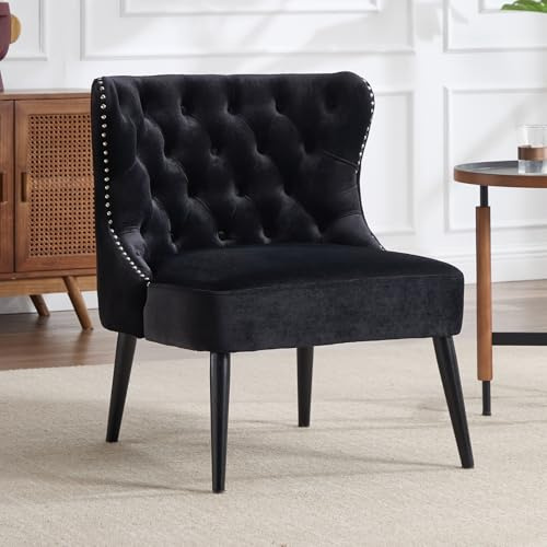 chairus Ohrensessel Samt Sessel Wohnzimmer Relaxsessel mit Holzbeinen Loungesessel Schlafzimmer Arbeitszimmer, Schwarz