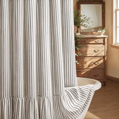 XOGUIBO Farmhouse Shower Curtain with Ruffle Hem Linen Shower Curtains for Bathroom Country Vintage Rustic Natural Fabric, Cream-Black Stripe 72 W x 72 L