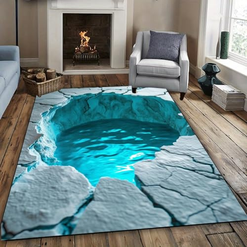 SMXVRC 3D Wüstenrisse Teppiche für Wohnzimmer, 100x150cm, Teich Blaues Wasser Kinderteppich, Optische Täuschung Muster Einfache Reinigung Faltbar Knickfrei Flurteppich für Innenansicht Korridor