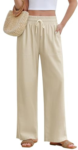 PASUDA Pantalon Femme Fluide Été Pantalons Lin Taille Haute Elastique Pantacourt Léger Ample Jogging Décontractée Large avec Cordon de Serrage Longueur Pants Chic et Elegant avec Poches (Beige, XL)