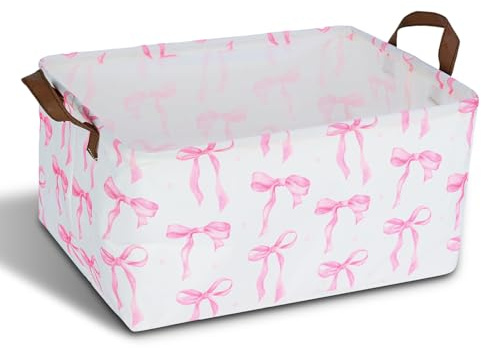 Pink Storage Basket, Rectangular Pink Basket with Handles, Bow Large Storage Baskets for Closets, Bedroom, Bathroom, Living Room, Girls Room Decor