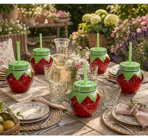 4er Set Saftglas Trinkglas Wasserglas Limoglas Strohhalm Deckel Erdbeere Party Sommer 480ml Ø10x11cm