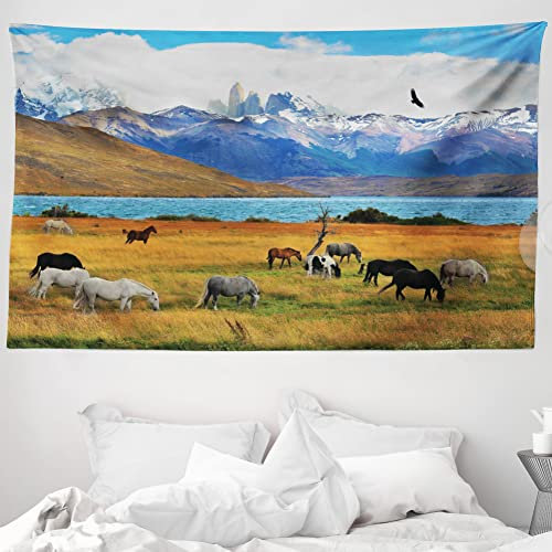 ABAKUHAUS Landschaft Wandteppich und Tagesdecke, Bauernhof-Pferd in den Bergen aus Weiches Mikrofaser Stoff Waschbar ohne Verblassen Digitaldruck, 230 x 140 cm, Aqua