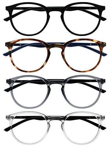 OPULIZE Met Lesebrille 4er Pack Schlank Runder Rahmen Federscharniere Kratzfest Schwarz Braun Transparent Grau Transparent Schwarze Herren Damen RRRR60-127C +1.00