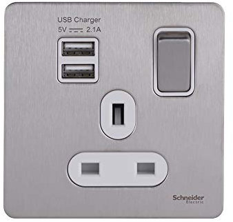 Schneider Electric Ultimate Screwless Flat Plate - Switched Single Power Socket with USB Charging Ports, Double Pole, 13A, GGBGU34102USBAWSS, Stainless Steel with White Insert