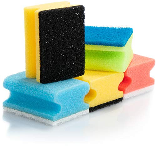COM-FOUR® 5X estropajos de plástico - Esponja limpiadora con Agarre Empotrado y Estropajo - Esponja para Lavar Platos [la selección de Colores varía] (005 Piezas - Mezcla de Colores)