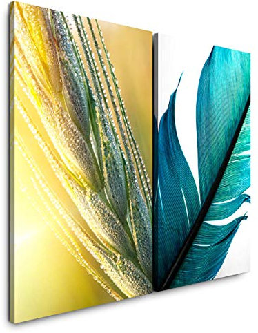 Paul Sinus Art Wandbild 2 teilig je 60x90cm Weizen Feder Gold Harmonie Türkis Sonnenschein Makrofotografie