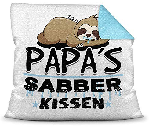Kuschel-Kissen inkl. Füllung mit Spruch für Papa - Papas Sabber-Kissen - Bestes Vatertagsgeschenk/Geschenk-Idee für Väter/Vatertag Geburtstag - Farbkissen Rückseite Hellblau