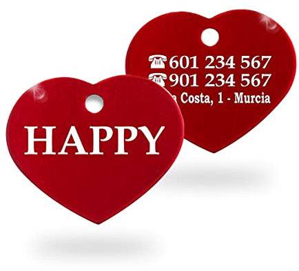 Ibera Gifts - Chapa Perro Grabada en Forma de Corazón para Perros y Gatos Medianos a Grandes, Placa Perro Personalizada, Aluminio Brillante, Tamaño 35 x 35 mm