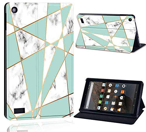 FINDING CASE Fit Amazon Fire 7 (9th Gen 2019) Tablet - Printed PU Flip Leather Smart Lightweight Shell Stand Cover Case for Fire 7 (9th Gen 2019) (Fire 7 (9th Gen 2019), green geometric marble)