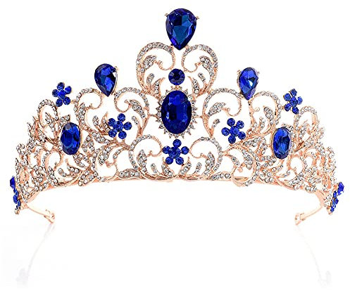 Prinzessin Krone Erwachsene Königsblau, Geburtstagskrone Kopfschmuck Festival Damen, Hochzeitskrone Braut Haarschmuck Gold