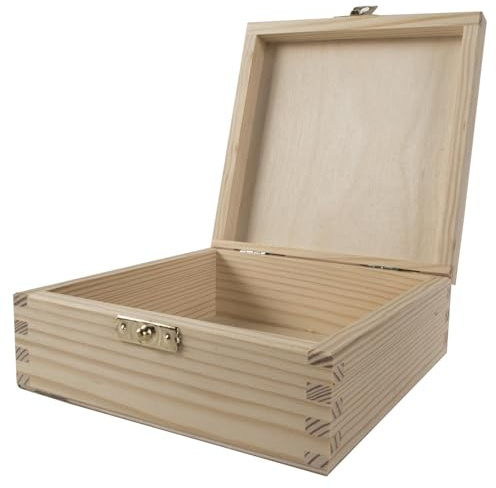 WooDeeDoo Square Wooden Keepsake Box with Hinged Lid and Clasp – 15 x 15 x 6 cm – Unfinished Pine Gift Case for Jewellery Letters Trinkets Craft Storage Personalised Decoration