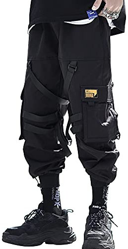 XYXIONGMAO Pantalon de jogging tactique cargo Hip Hop Harem Techwear Streetwear pour homme Salopette ample décontractée, noir, Taille S
