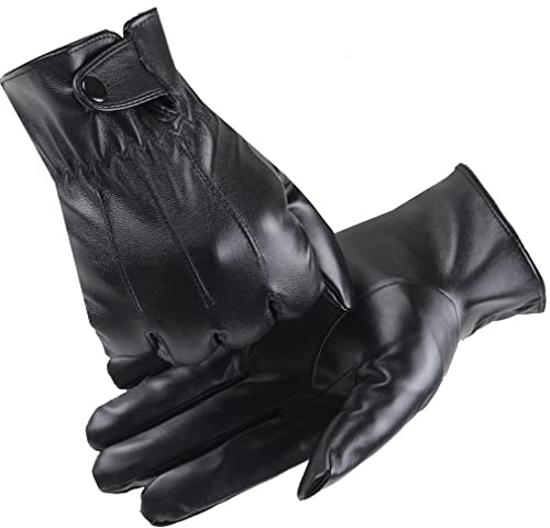LJCZKA PU Leather Gloves for Men, Winter Warm Leather Gloves Thermal Touchscreen PU Faux Leather Black Glove