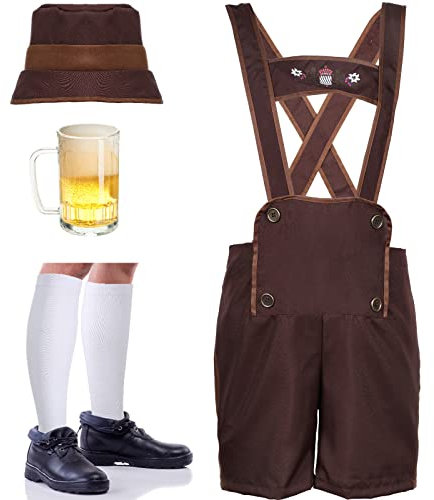 SATINIOR Men's Bavarian Oktoberfest Costume German Bavarian Guy Adult Costume Glass Beer Mug with Handle for Halloween Party (Medium), Brown