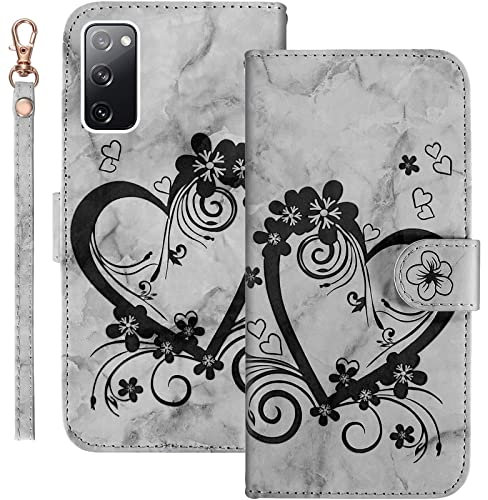 Bartern Handyhülle für Samsung Galaxy S20 FE 5G Klappbar,Herz/Liebe+ Blumen Samsung S20 FE Hülle,Marmorierung Leder Schutzhülle Tasche Klapphülle mit Kartenfach Magnetverschluss Standfunktion,Schwarz