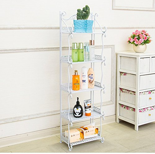 Scaffale da Bagno in Ferro battuto Lavabo da Bagno a Pavimento Lavabo WC Scaffale portaoggetti (Bianco Cinque Piani)