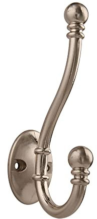 HASWARE 6 PCS Double Prong Robe Hook, Large Dual Coat Hooks with 12 Pieces Screws Wall Mounted Hooks Robe Antique Hooks Hangers Heavy Duty for Home Coats Hat Clothes Hanger Towel Keys (Satin Nickel)