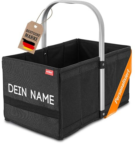 achilles Einkaufskorb mit Name, Tragekorb mit Alu-Griff, Klappbarer Korb personalisierbar, Picknickkorb, Klappkorb, Korb mit Bügel, Einkaufsbox mit Druck, Schwarz, 40x24x20 cm