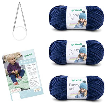 Gründl Wolle Funny uni - weiche Chenille Wolle mit Nadel und Anleitung für eine Babydecke - Kuschelig und hautfreundlich - 100 % Polyester - 3 Knäuel 100 g / 120 m - Nadelstärke 5 - 6, navy