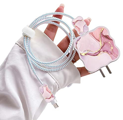 Cute DIY Protectors Cable Protector for iPhone Charger,Kawaii Luxurious Marble Pattern,Data Cable USB Charger Data Line Phone Wire Saver Protector for iPhone 11 12 13 14 Pro Max XS XR X 7 8 Plus-Pink