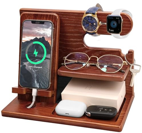 Station d'accueil en Bois pour téléphone Portable, Station d'accueil pour téléphone, Porte-clés, Organisateur de Montre, Station de Rangement en Bois pour, Cadeau pour Papa, Mari, Anniversaire (rouge)