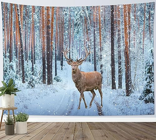 LB Wandteppich Schnee im Winter Wandtuch Hirsche im Wald Wandbehang Baum mit Schneeflocke Tapisserie für Wohnzimmer Schlafzimmer Wohnheim Wanddeko,200Bx150H cm