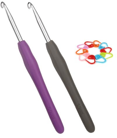 Coopay Häkelnadeln 5,0 mm und 5,5 mm, 2 Stück Metall Häkelnadel mit Maschenmarkierer, Ergonomische Häkelnadel mit Weichen Griff für Arthritische Hände, Bunt TPR Griff Häkelnadel 5 5,5 mm für Anfänger