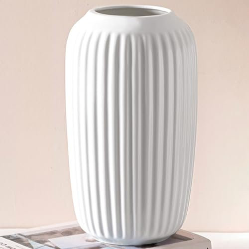 JUZAI White Ceramic Vase, Large Flowers Vase in French Country Style for Home Decor, Ribbed Vase for Wedding Dinner Table Office Bedroom - 10 Inch / 25 CM