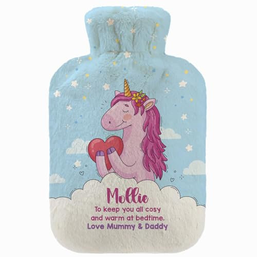 Customisable Hot Cold Water-Bottle with Soft Fleece Cover Personalised Water-Bag 2 Litre Unicorn Cloud and Heart [092]