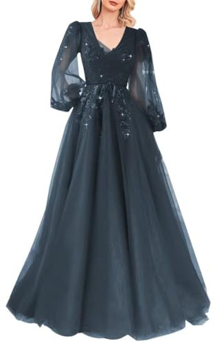 KURFACE V Neck A Line Prom Dress Long for Women Bridesmaid Dress Long Sleeve Formal Party Gowns WSX479 Navy Blue UK22