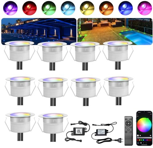 10er bodeneinbaustrahler aussen rgbw, wifi led einbaustrahler außen 12v mini led spot Terrassenbeleuchtung, Wasserdicht IP67, Led einbauleuchten mit Fernbedienung Kompatibel mit Alexa Google Home