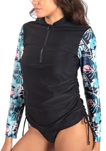MASOCIO UV Shirt Damen Wasser Langarm Schwimmshirt Rashguard Badeshirt Badeanzug Frauen UV Schutz Schwimm Tshirt Surf Schnorchel Swim Schwimm Bade T Shirts Women Rash Guard XXL Schwarz