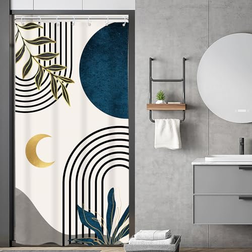 Riyidecor Petit rideau de douche bleu marine abstrait pour camping-car, style bohème, milieu du siècle, feuilles géométriques modernes, arche de lune dorée, 91,4 x 183 cm (l x H), tissu pour homme,