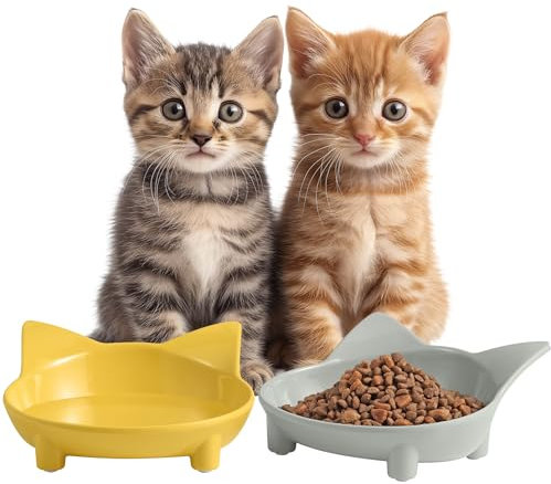 Navaris Futternapf Set 2-teilig für Katzen - 2er Napf rutschfest - 2 x Fressnapf Katzennapf spülmaschinenfest - Wasser Nassfutter Trockenfutter - 2X 210ml Napf - grau gelb