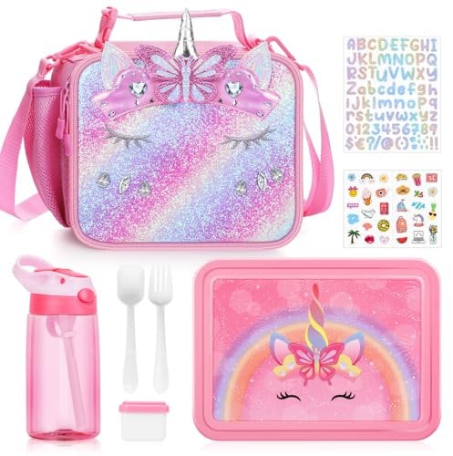 3PCS Fiambrera Set para Niños, Bolsa Termica Porta Alimentos para Infantil, Loncheras Para Niños und botella agua Niños,Bento Box Niñas para Almuerzo o Merienda,Bolsa Almuerzo para Escuela (Unicornio)