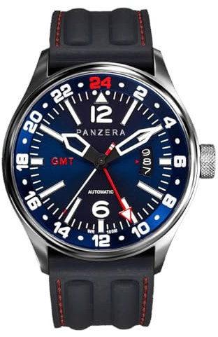 Panzera Flieger 45G Mechanische Automatikuhr Stahl Blau Schwarz Silikon Saphir Datum Herrenuhr, Schwarz , Armband