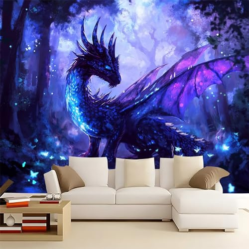 Wallpaper Purple Panoramic Deco Wallpaper Mural Fantasy Jungle Dragon Wallpaper 220gsm Premium Non-Woven Wallpaper 400 x 280 cm Printed Wallpaper for Room Wall Deco