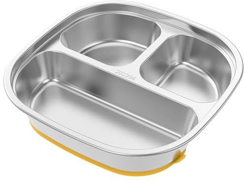 Assiettes divisées en acier inoxydable pour enfants - Plateaux alimentaires en métal sûrs et polyvalents avec 3 compartiments - Assiettes à ventouse réutilisables pour bébé - Faciles à